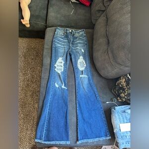 Women's Distressed Blue Flare Jeans - Classic High-Rise Denim